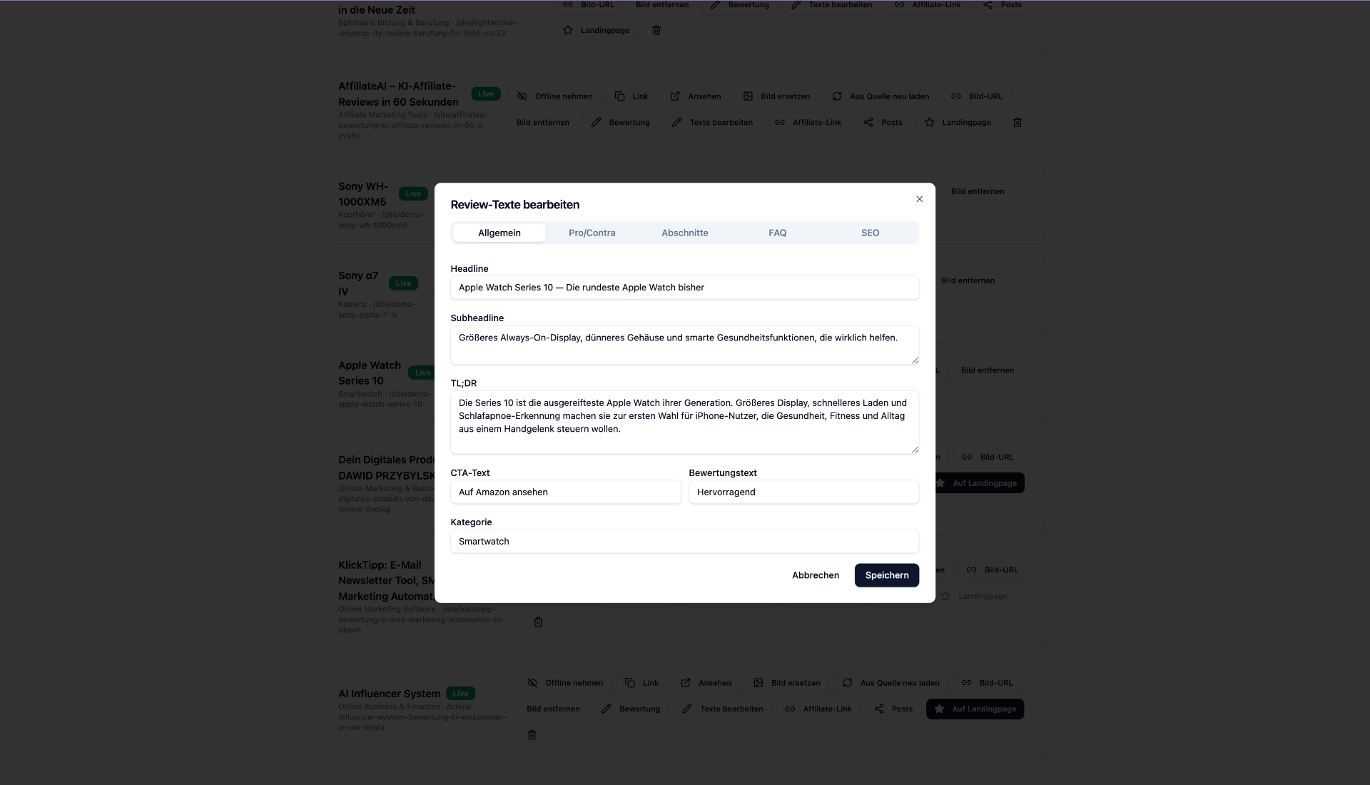 Dialog „Review-Texte bearbeiten“ mit Tabs Allgemein, Pro/Contra, Abschnitte, FAQ, SEO